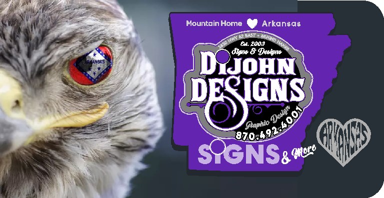 Mountain Home, Arkansas sign company logo featuring a bald eagle and purple state outline with company name and contact.