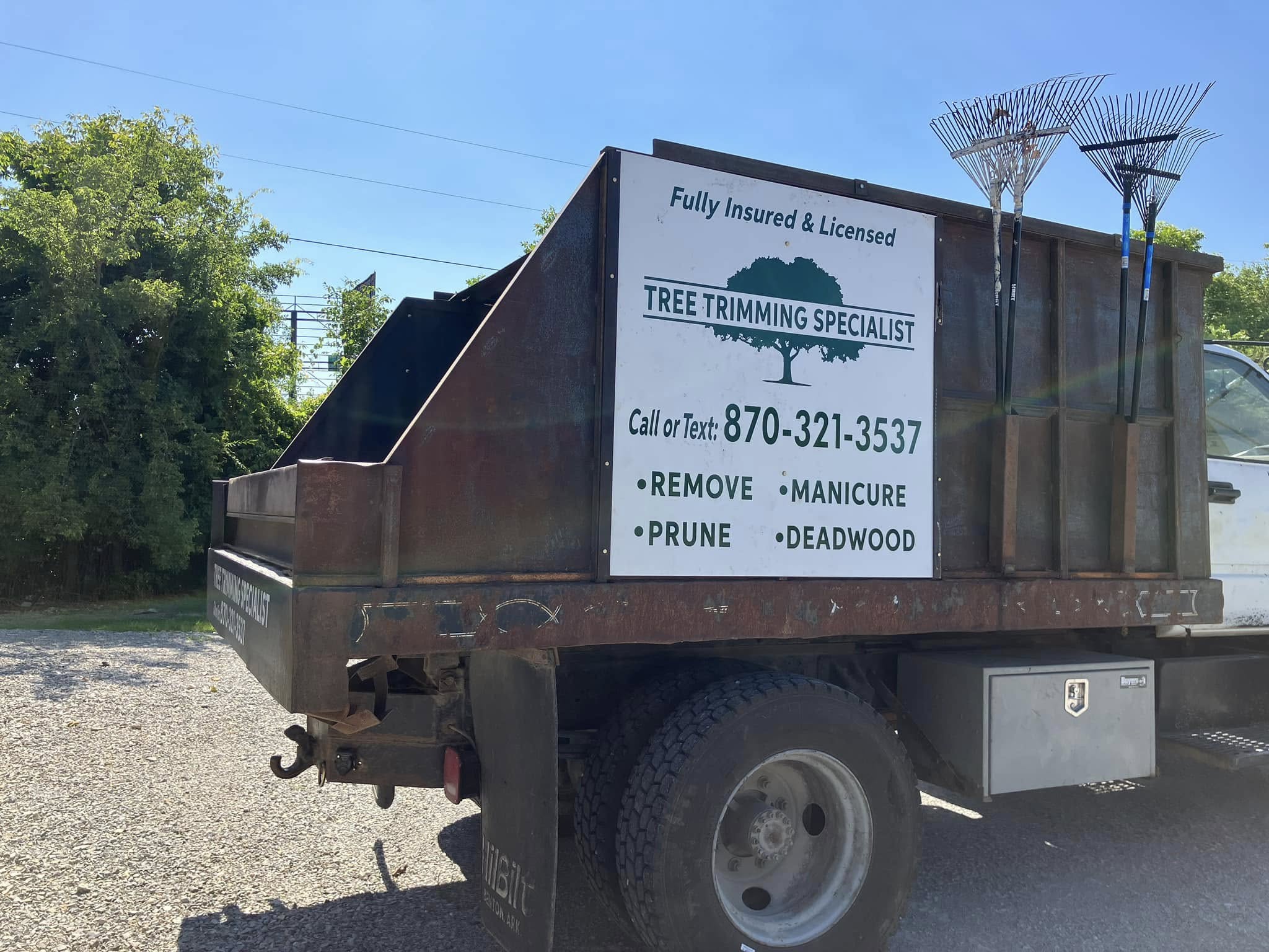 White vinyl graphic on side of rusty brown dump truck advertising tree trimming specialist.