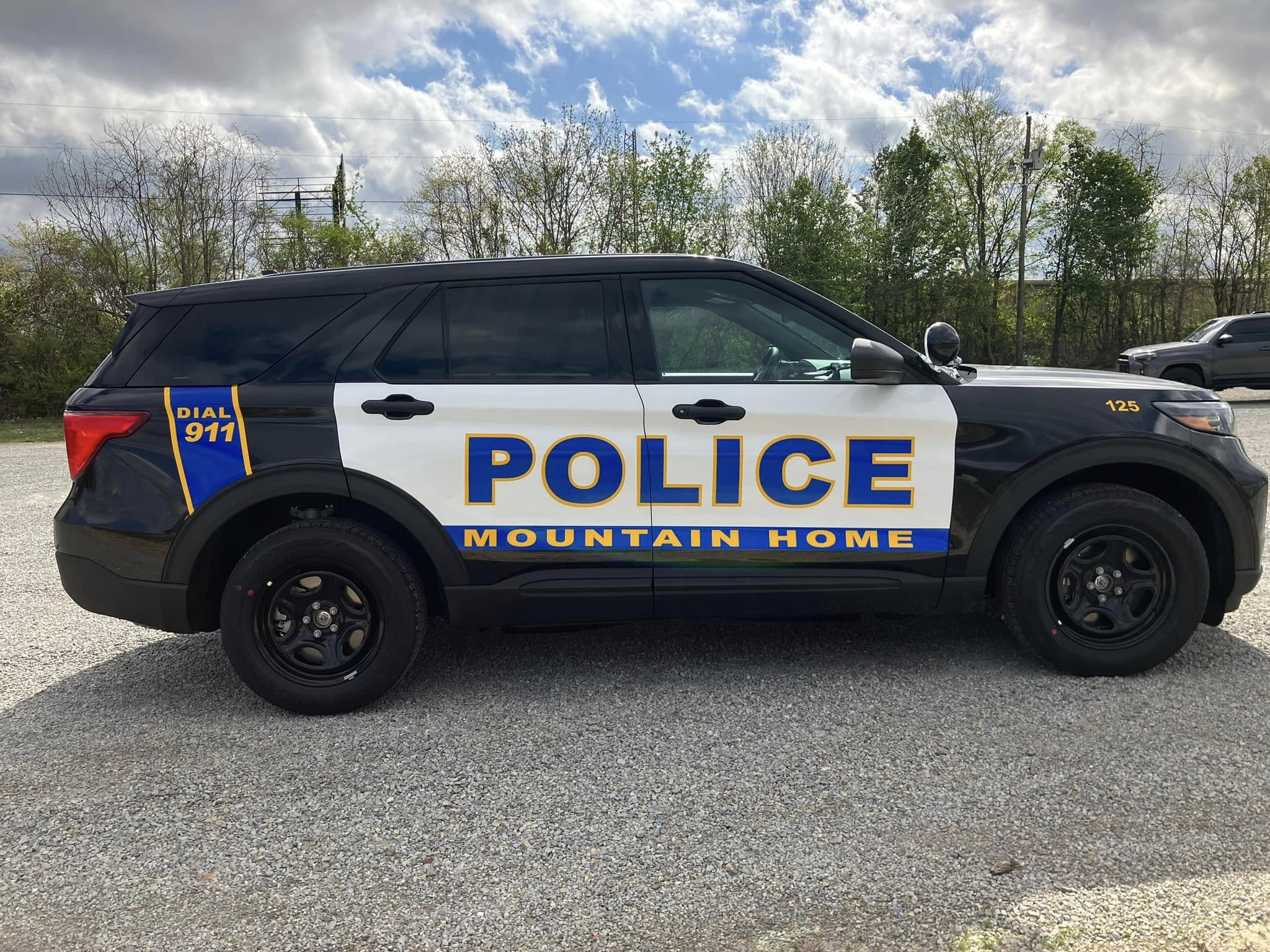 Black and white police patrol car with 'POLICE' and 'MOUNTAIN HOME' vinyl graphics.