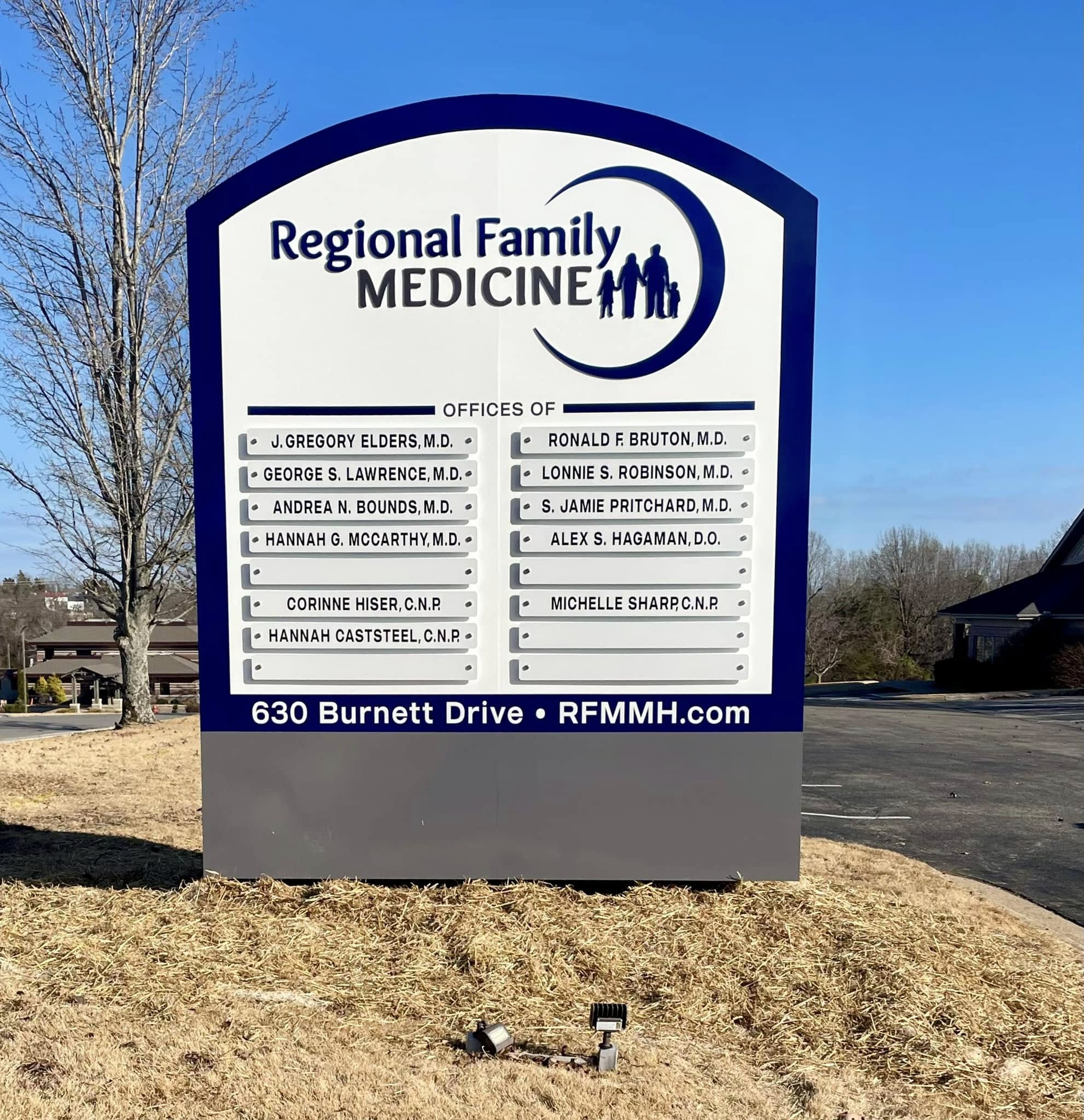 Custom monument sign for Regional Family Medicine, featuring doctor's names and contact information