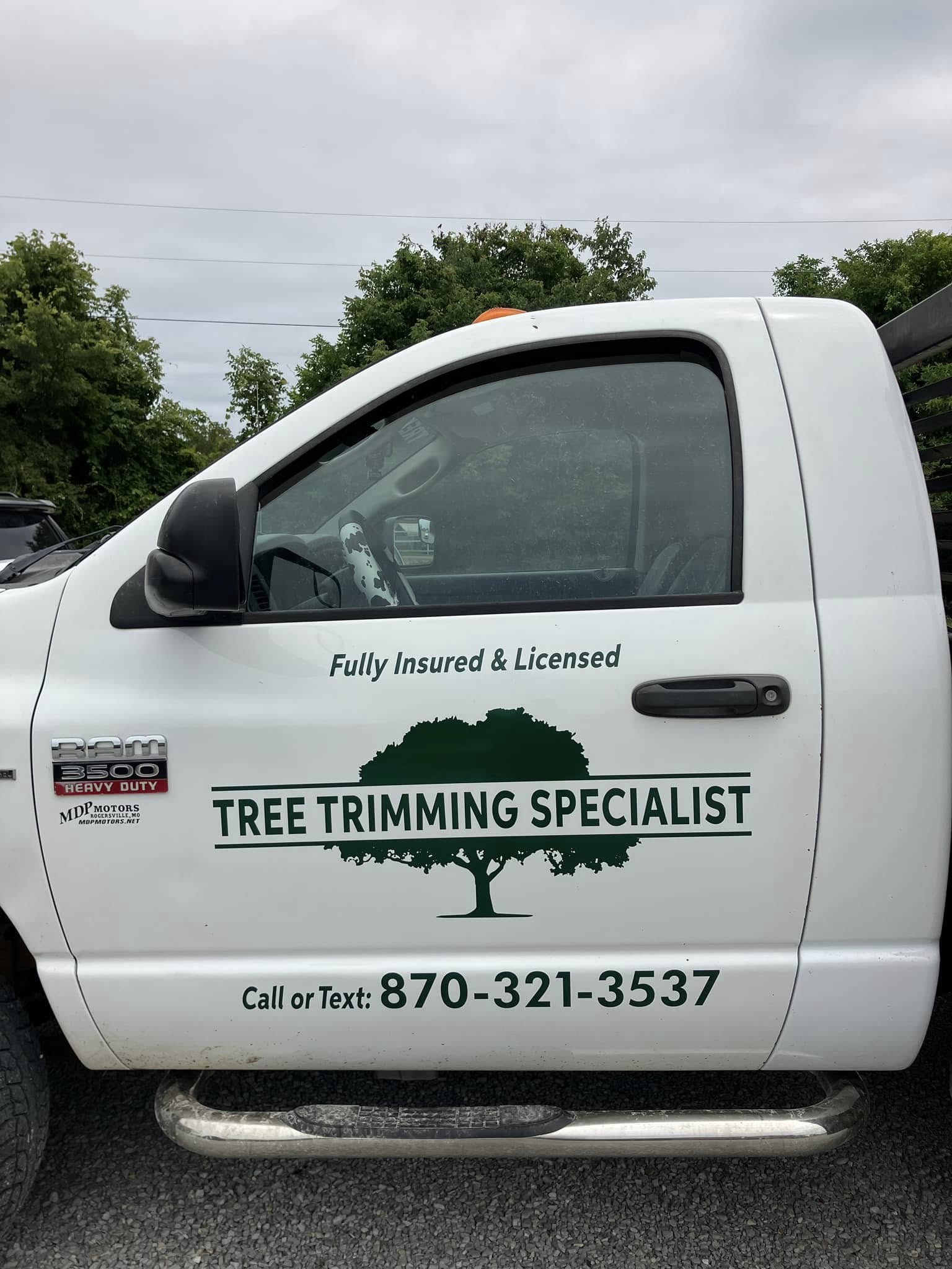 Green and white vinyl graphic on a white Ram truck for a tree trimming specialist