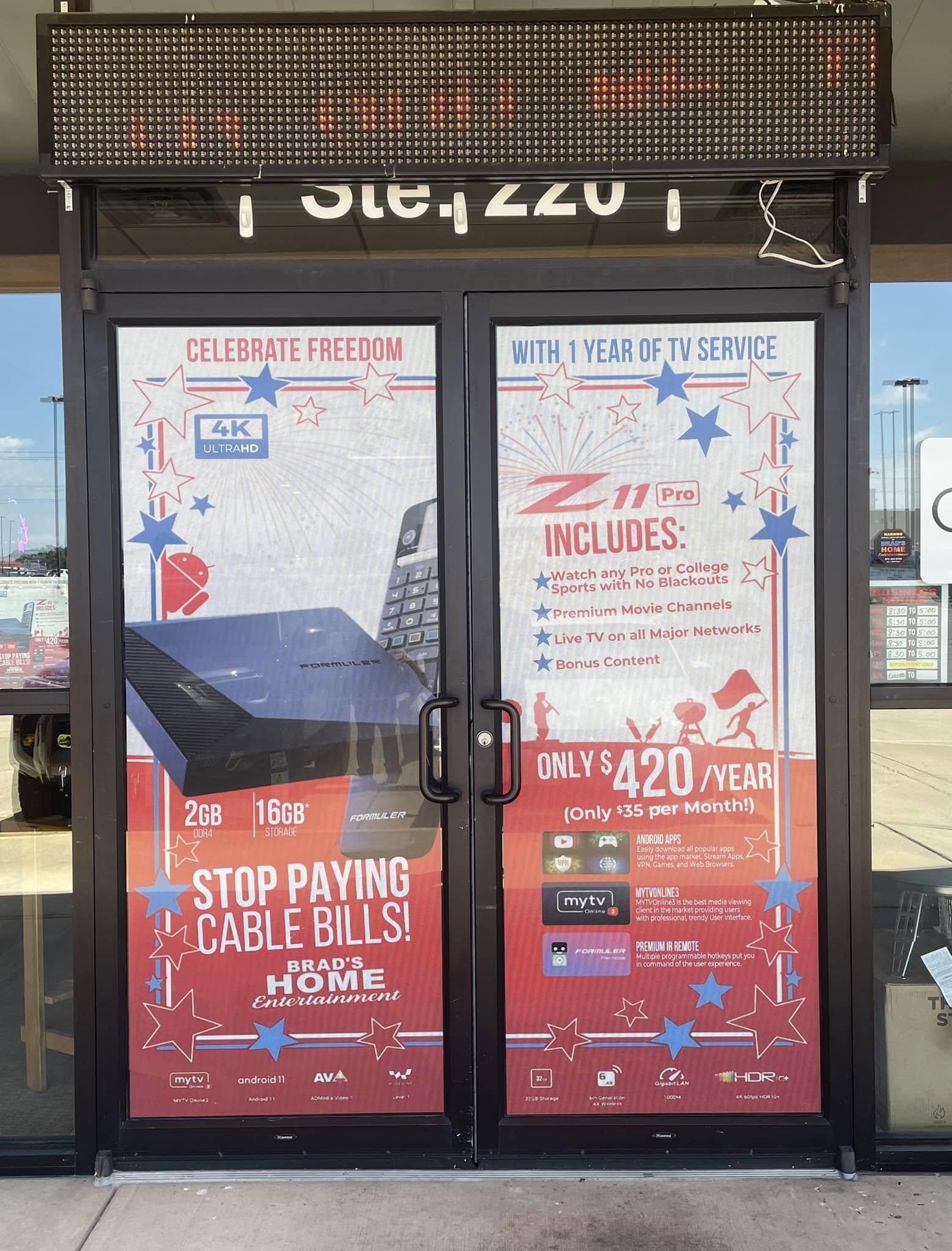 Full-color window graphics for Brad's Home Entertainment on glass doors for a 4K cable-cutting device ad.