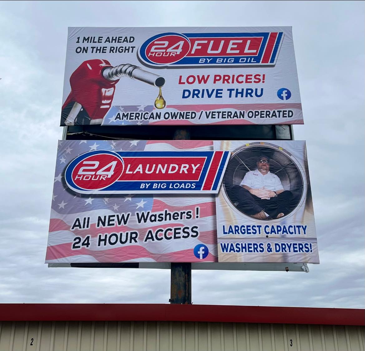 A large monument sign featuring billboards for 24 Hour Fuel and 24 Hour Laundry services.