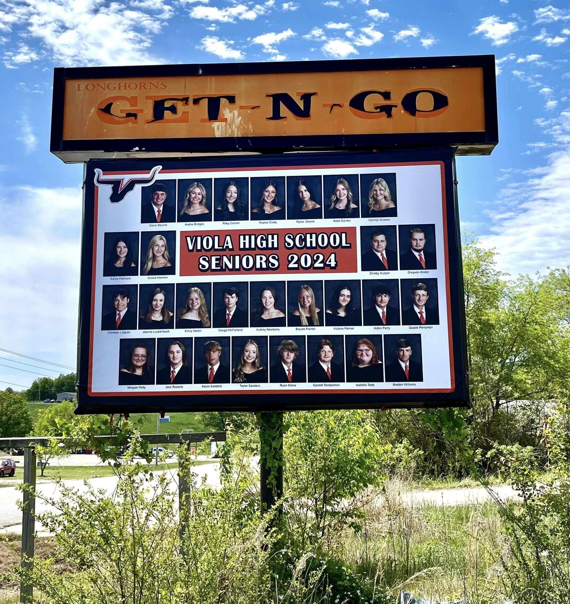 Outdoor monument sign for Get-N-Go featuring Viola High School Seniors 2024 yearbook photos