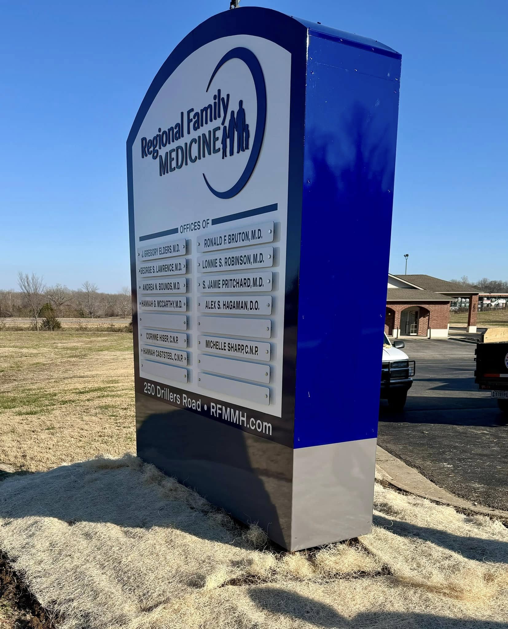 A large blue and white monument sign with interchangeable reader board for Regional Family Medicine.