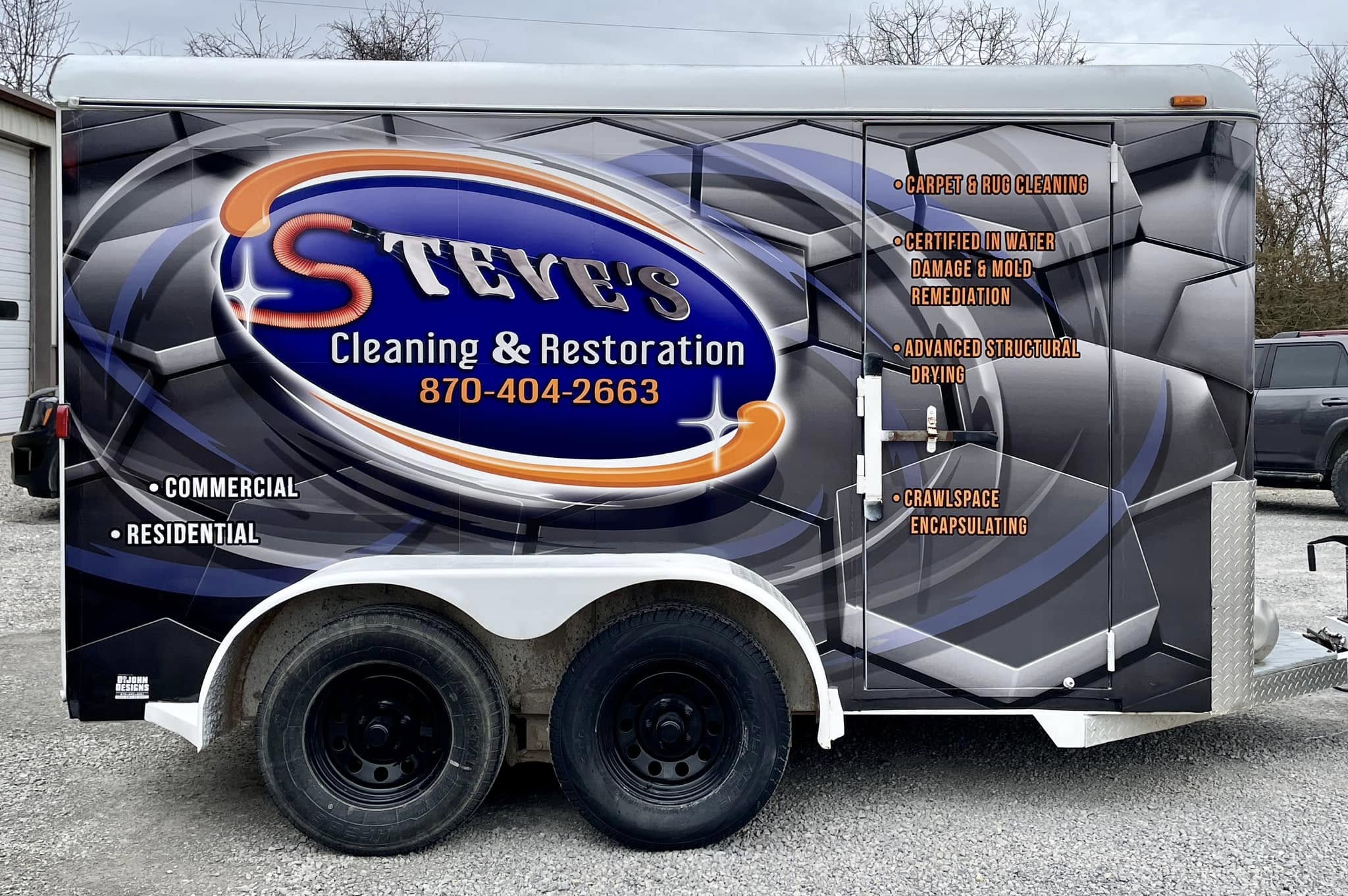 Full wrap for Steve's Cleaning & Restoration on a white cargo trailer, in black, blue, and orange with hexagon pattern.